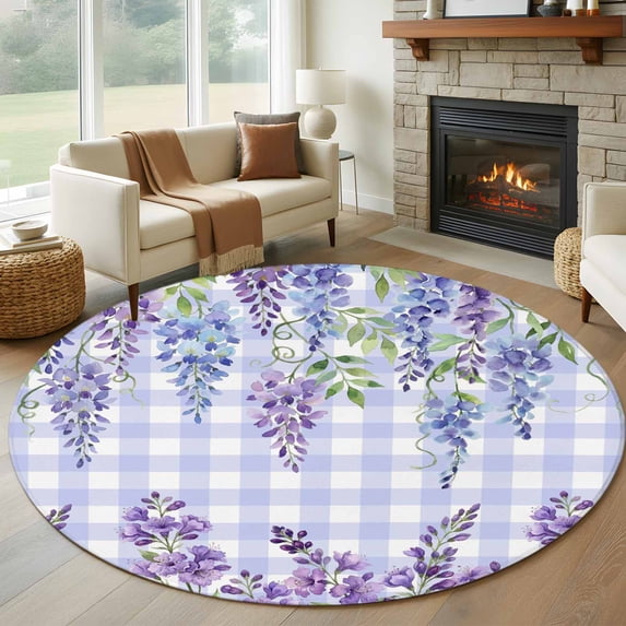 Round Rug 6Ft Washable Non-Slip, Purple Flowers Circle Area Rugs for Living Room Bedroom, Weeping Spring Floral Checkered Pastoral Indoor Floor Mats Carpet Runner for Home Decor Aesthetic