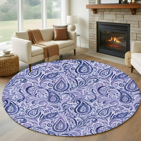 Round Rug 6Ft Washable Non-Slip, Purple Navy Blue Circle Area Rugs for Living Room Bedroom, Retro Botanical Abstract Art Indoor Floor Mats Carpet Runner for Home Decor Aesthetic