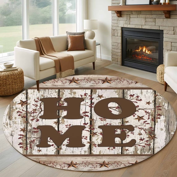 Round Rug 6Ft Washable Non-Slip, Retro Farmhouse Circle Area Rugs for Living Room Bedroom, Country Star Berries Text Wooden Grain Indoor Floor Mats Carpet Runner for Home Decor Aesthetic