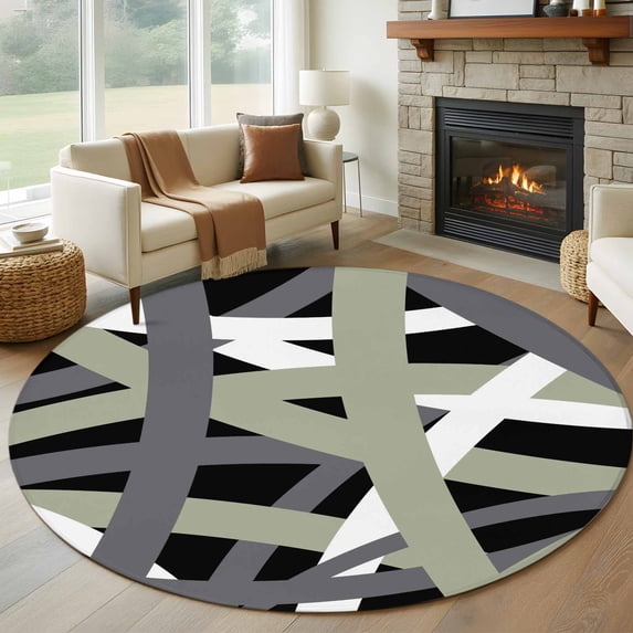 Round Rug 6Ft Washable Non-Slip, Sage Green Black Geometric Circle Area Rugs for Living Room Bedroom, Modern Art Abstract Grey Line Indoor Floor Mats Carpet Runner for Home Decor Aesthetic