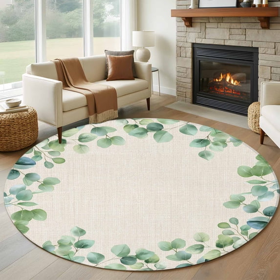 Round Rug 6Ft Washable Non-Slip, Sage Green Eucalyptus Circle Area Rugs for Living Room Bedroom, Spring Summer Leaves Rustic Burlap Indoor Floor Mats Carpet Runner for Home Decor Aesthetic