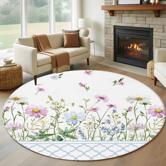Round Rug 6Ft Washable Non-Slip, Spring Daisy Circle Area Rugs for Living Room Bedroom, Blue Moroccan White Wildflowers Country Plants Indoor Floor Mats Carpet Runner for Home Decor Aesthetic
