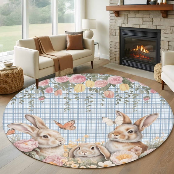 Round Rug 6Ft Washable Non-Slip, Spring Easter Circle Area Rugs for Living Room Bedroom, Cute Rabbits Flower Leaves Butterfly Blue Plaid Indoor Floor Mats Carpet Runner for Home Decor Aesthetic