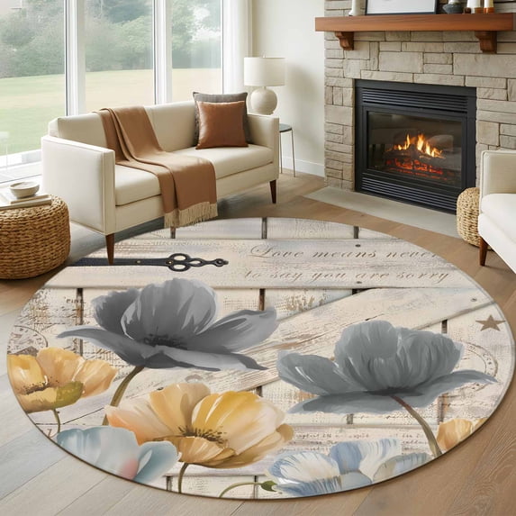Round Rug 6Ft Washable Non-Slip, Spring Tulips Flower Circle Area Rugs for Living Room Bedroom, Vintage Floral Barn Doors Rustic Beige Indoor Floor Mats Carpet Runner for Home Decor Aesthetic