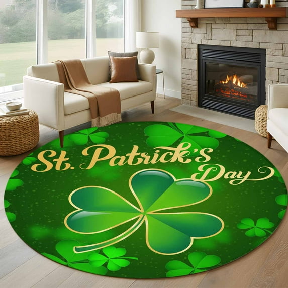 Round Rug 6Ft Washable Non-Slip, St. Patrick's Day Circle Area Rugs for Living Room Bedroom, Spring Green Lucky Grass Watercolor Indoor Floor Mats Carpet Runner for Home Decor Aesthetic