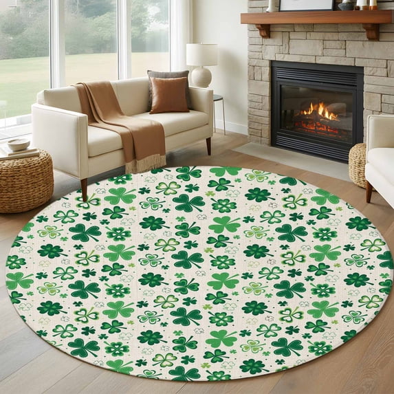 Round Rug 6Ft Washable Non-Slip, St Patricks Day Circle Area Rugs for Living Room Bedroom, Farmhouse Vintage Green Shamrock Indoor Floor Mats Carpet Runner for Home Decor Aesthetic