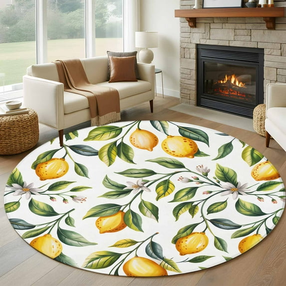 Round Rug 6Ft Washable Non-Slip, Summer Yellow Lemons Circle Area Rugs for Living Room Bedroom, Green Leaves Flowers Country Plants Indoor Floor Mats Carpet Runner for Home Decor Aesthetic