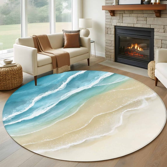 Round Rug 6Ft Washable Non-Slip, Teal Blue Beach Coastal Circle Area Rugs for Living Room Bedroom, Summer Ocean Nautical Seaside Indoor Floor Mats Carpet Runner for Home Decor Aesthetic