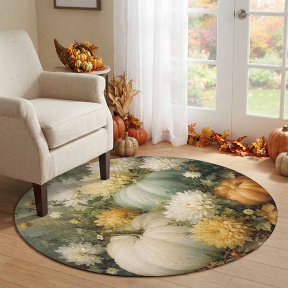 Round Rug 6Ft Washable Non-Slip, Teal White Pumpkins Fall Circle Area Rugs for Living Room Bedroom, Thanksgiving Floral Vintage Indoor Floor Mats Carpet Runner for Home Decor