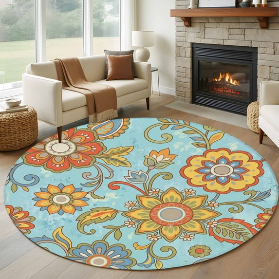 Round Rug 6Ft Washable Non-Slip, Turquoise Boho Floral Circle Area Rugs for Living Room Bedroom, Vintage Abstract Art Ethnic Flowers Indoor Floor Mats Carpet Runner for Home Decor Aesthetic