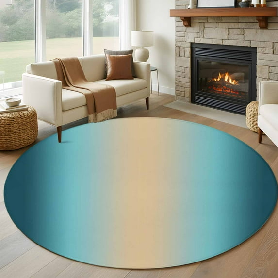Round Rug 6Ft Washable Non-Slip, Turquoise Ombre Circle Area Rugs for Living Room Bedroom, Modern Yellow Gradient Farmhouse Art Indoor Floor Mats Carpet Runner for Home Decor Aesthetic
