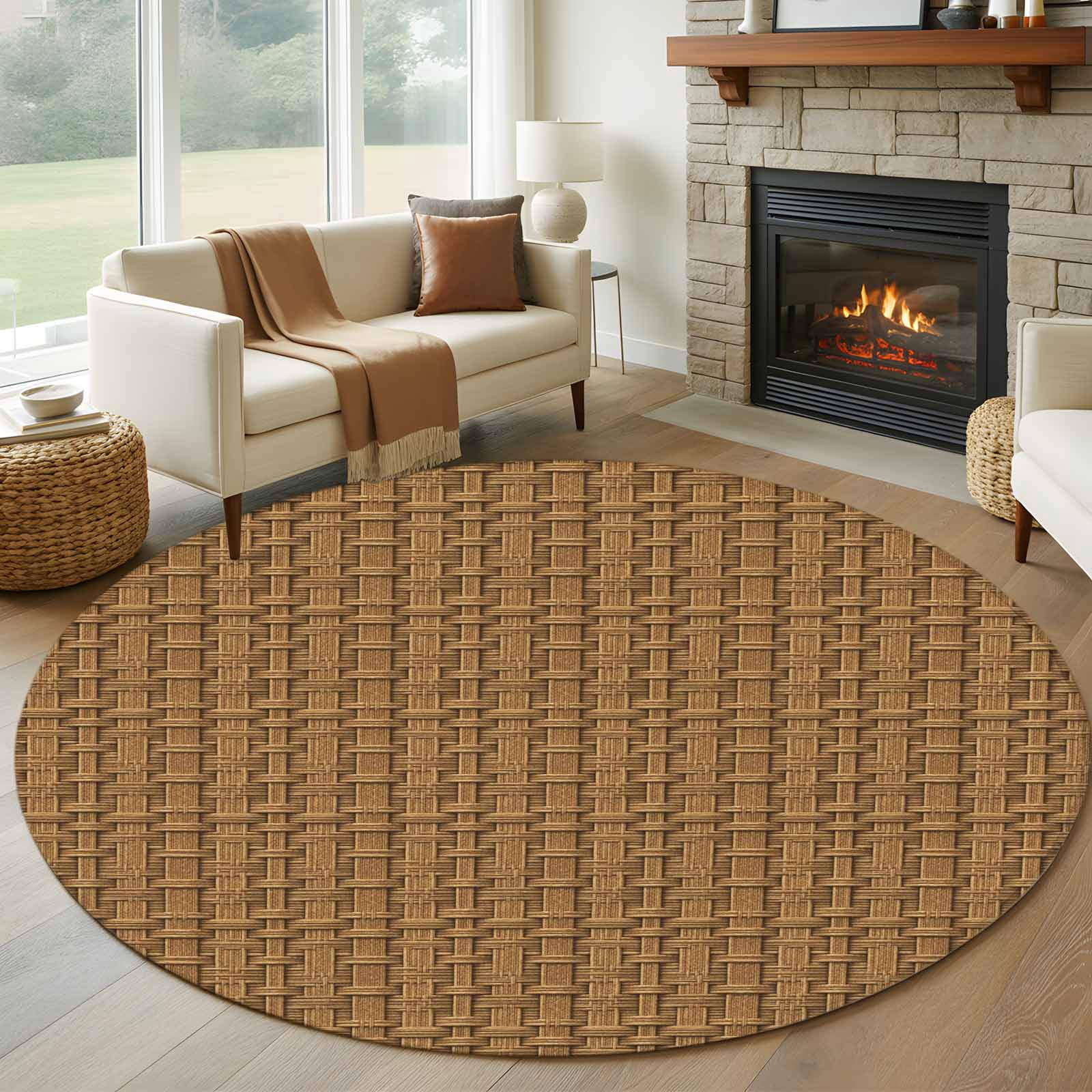 Round Rug 6Ft Washable Non-Slip, Vintage Rattan Circle Area Rugs for Living Room Bedroom, Minimalist Abstract Wicker Texture Brown Indoor Floor Mats Carpet Runner for Home Decor Aesthetic