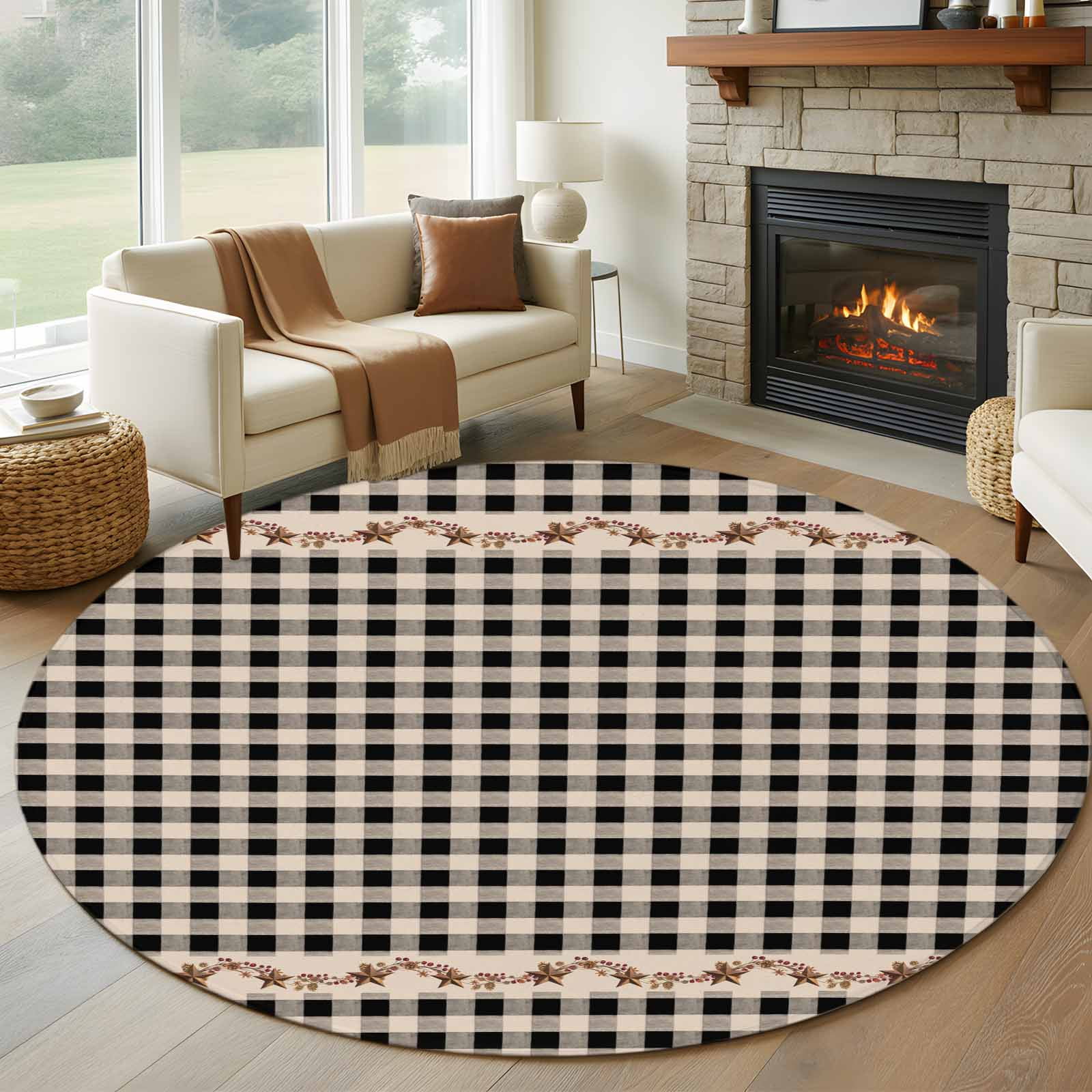 Round Rug 6Ft Washable Non-Slip, Western Texas Star Retro Circle Area Rugs for Living Room Bedroom, Country Vintage Black Beige Plaid Indoor Floor Mats Carpet Runner for Home Decor Aesthetic