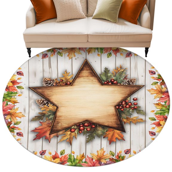 Round Rug 6ft Area Rug, Autumn Maple Leaf on Wood Grain Area Rugs for Living Room Bedroom, Pine Cones Leaves Floor Mat Non-Slip Non-Shedding Carpet Indoor Accent Rugs