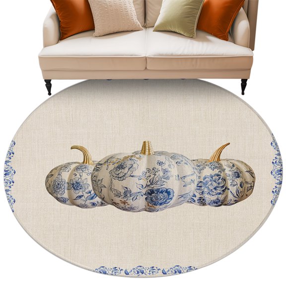 Round Rug 6ft Area Rug, Blue White Porcelain Texture Pumpkin Area Rugs for Living Room Bedroom, Flower Leaves on Farm Burlap Floor Mat Non-Slip Non-Shedding Carpet Indoor Accent Rugs