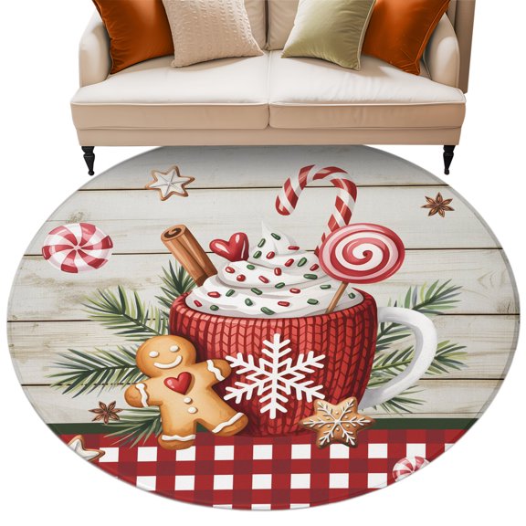 Round Rug 6ft Area Rug, Christmas Gingerbread Man on Wooden Area Rugs for Living Room Bedroom, Xmas Red Plaid Snowflake Floor Mat Non-Slip Non-Shedding Carpet Indoor Accent Rugs