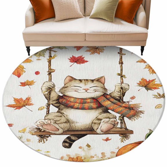 Round Rug 6ft Area Rug, Fall Cartoon Cat Orange Style Area Rugs for Living Room Bedroom, Thanksgiving Pumpkin Maple Leaf Floor Mat Non-Slip Non-Shedding Carpet Indoor Accent Rugs
