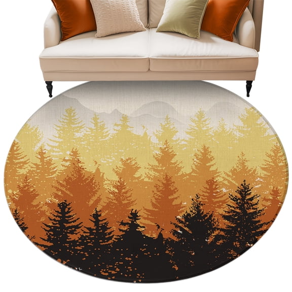 Round Rug 6ft Area Rug, Fall Foggy Forest Orange Gradient Ombre Area Rugs for Living Room Bedroom, Black Shadow Retro Linen Floor Mat Non-Slip Non-Shedding Carpet Indoor Accent Rugs