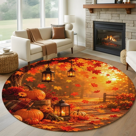 Round Rug 6ft Area Rug, Fall Thanksgiving Pumpkin Maple Tree Area Rugs for Living Room Bedroom, Watercolor Burnt Orange Floor Mat Non-Slip Non-Shedding Carpet Indoor Accent Rugs