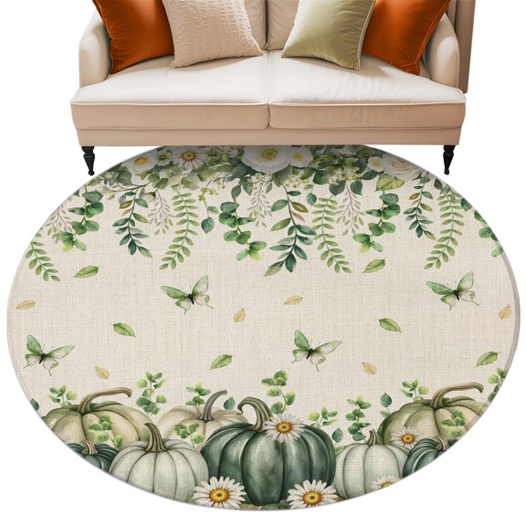 Round Rug 6ft Area Rug, Harvest Pumpkin Botanical Floral Area Rugs for Living Room Bedroom, Retro Linen Beige Floor Mat Non-Slip Non-Shedding Carpet Indoor Accent Rugs