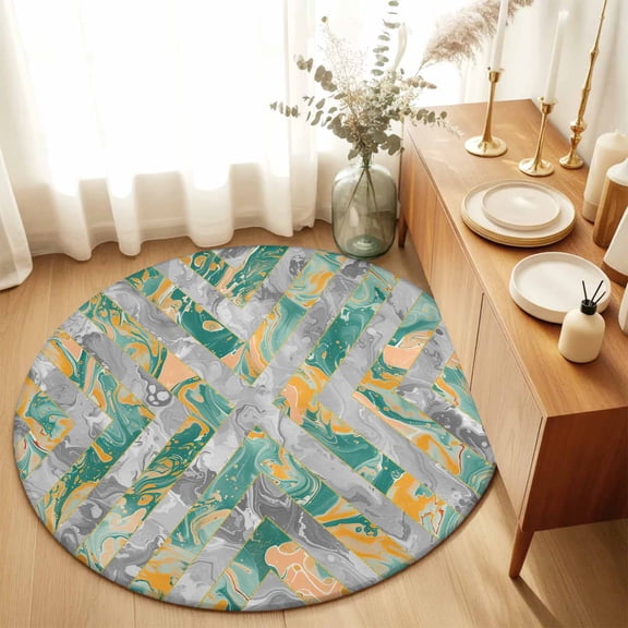 Round Rug 6ft Area Rug, Marble Texture Turquoise Gradient Area Rugs for Living Room Bedroom, Gray Zigzag Ripple Chevron Floor Mat Non-Slip Non-Shedding Carpet Indoor Accent Rugs