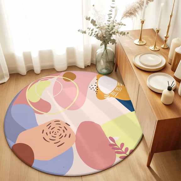 Round Rug 6ft Area Rug, Mid Century Morandi Abstract Geometric Area Rugs for Living Room Bedroom, Boho Minimalist Art Floor Mat Non-Slip Non-Shedding Carpet Indoor Accent Rugs