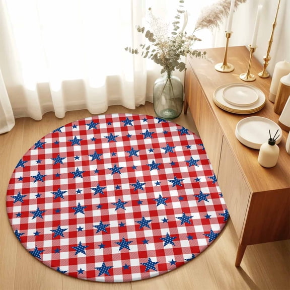 Round Rug 6ft Area Rug, National Flag Day Area Rugs for Living Room Bedroom, Patriotic Stars on Buffalo Tartan Lattice Floor Mat Non-Slip Non-Shedding Carpet Indoor Accent Rugs