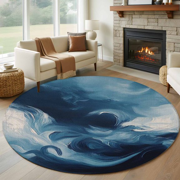 Round Rug 6ft Area Rug, Navy Blue Ocean Waves Abstract Style Area Rugs for Living Room Bedroom, Natural Landscape Floor Mat Non-Slip Non-Shedding Carpet Indoor Accent Rugs
