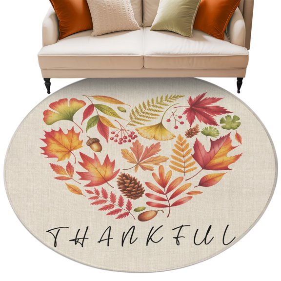 Round Rug 6ft Area Rug, Retro Autumn Maple Leaves Pine Fruit Area Rugs for Living Room Bedroom, Countryside Almonds Floor Mat Non-Slip Non-Shedding Carpet Indoor Accent Rugs