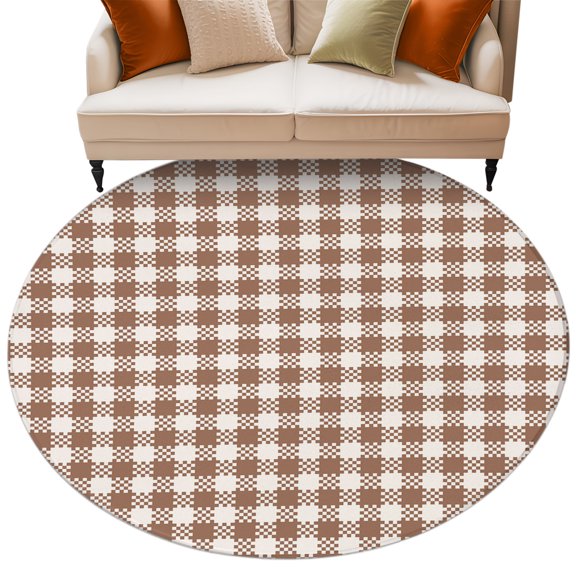 Round Rug 6ft Area Rug, Retro Geometric Buffalo Tartan Area Rugs for Living Room Bedroom, Chic Plaid Khaki White Floor Mat Non-Slip Non-Shedding Carpet Indoor Accent Rugs