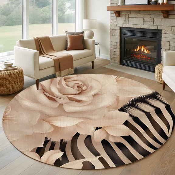 Round Rug 6ft Area Rug, Retro Style Flowers Rose Area Rugs for Living Room Bedroom, Black Zebra Stripe Floor Mat Non-Slip Non-Shedding Carpet Indoor Accent Rugs