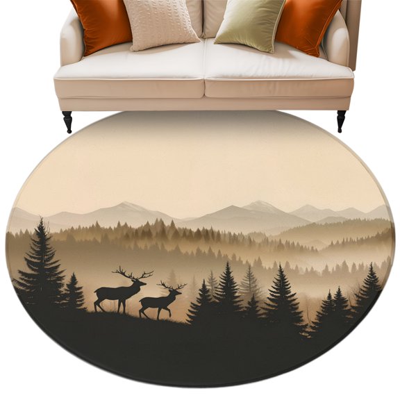 Round Rug 6ft Area Rug, Retro Tree Antlers Forest Mountain Area Rugs for Living Room Bedroom, Sky Landscape Floor Mat Non-Slip Non-Shedding Carpet Indoor Accent Rugs