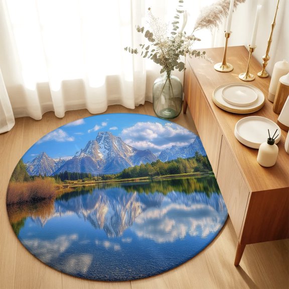 Round Rug 6ft Area Rug, Snow Capped Mountain Area Rugs for Living Room Bedroom, Lake Reflection Floor Mat Non-Slip Non-Shedding Carpet Indoor Accent Rugs