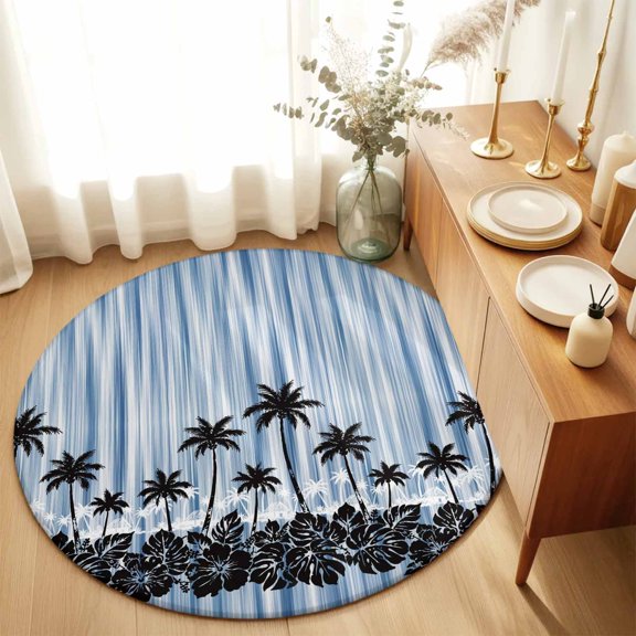 Round Rug 6ft Area Rug, Summer Coconut Tree Silhouettes Area Rugs for Living Room Bedroom, Blue Gradient Stripe Floor Mat Non-Slip Non-Shedding Carpet Indoor Accent Rugs