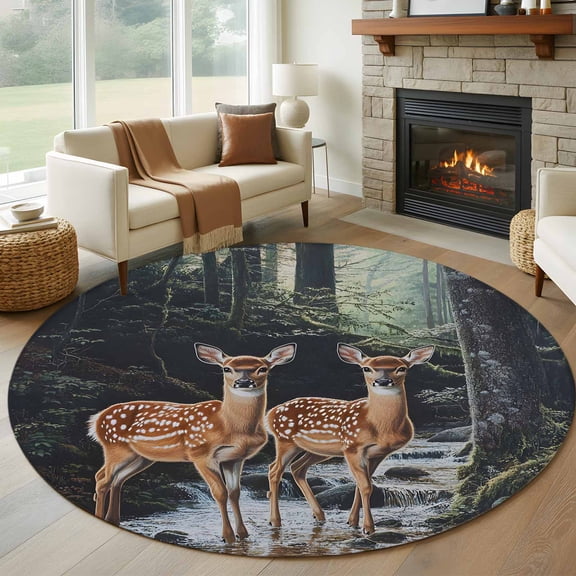Round Rug 6ft Area Rug, Vintage Forest Deer Area Rugs for Living Room Bedroom, Summer River And Reindeer Floor Mat Non-Slip Non-Shedding Carpet Indoor Accent Rugs