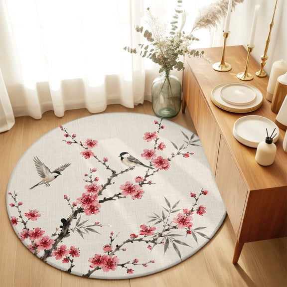 Round Rug 6ft Area Rug, Watercolor Plum Blossom on Burlap Area Rugs for Living Room Bedroom, Pink Flower Branch Bird Floor Mat Non-Slip Non-Shedding Carpet Indoor Accent Rugs