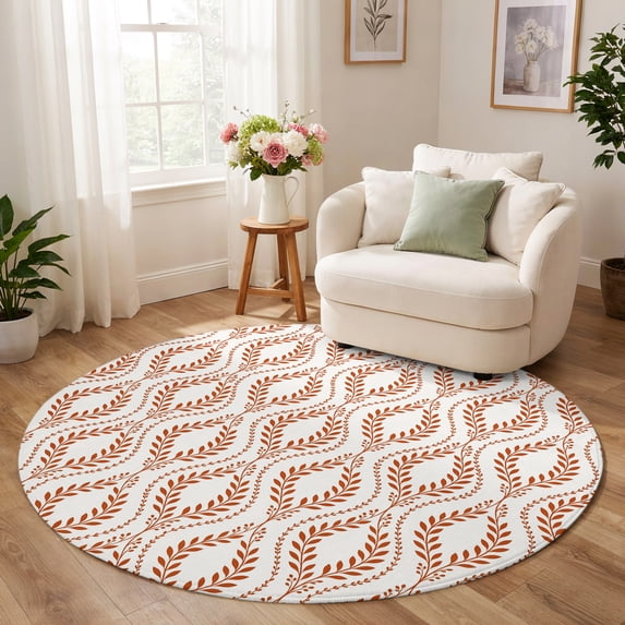 Round Rug 6ft, Beige Brown Botanical Low Pile Washable Rugs for Kitchen ...