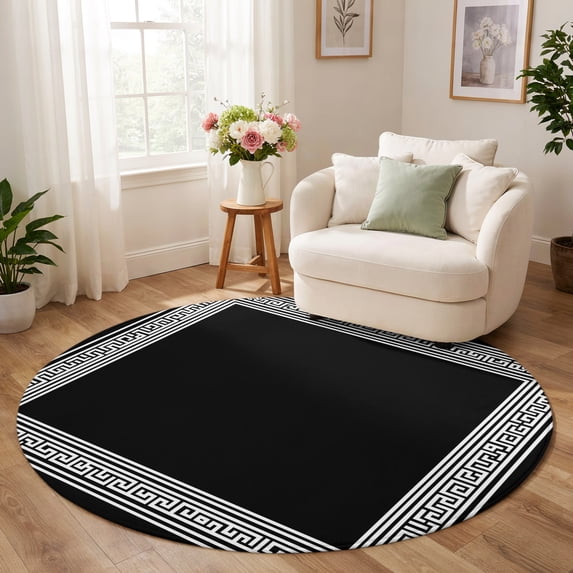 Checker Tile Rug Round Rug 6ft, Black Geometric Low Pile Washable Rugs for Kitchen ...