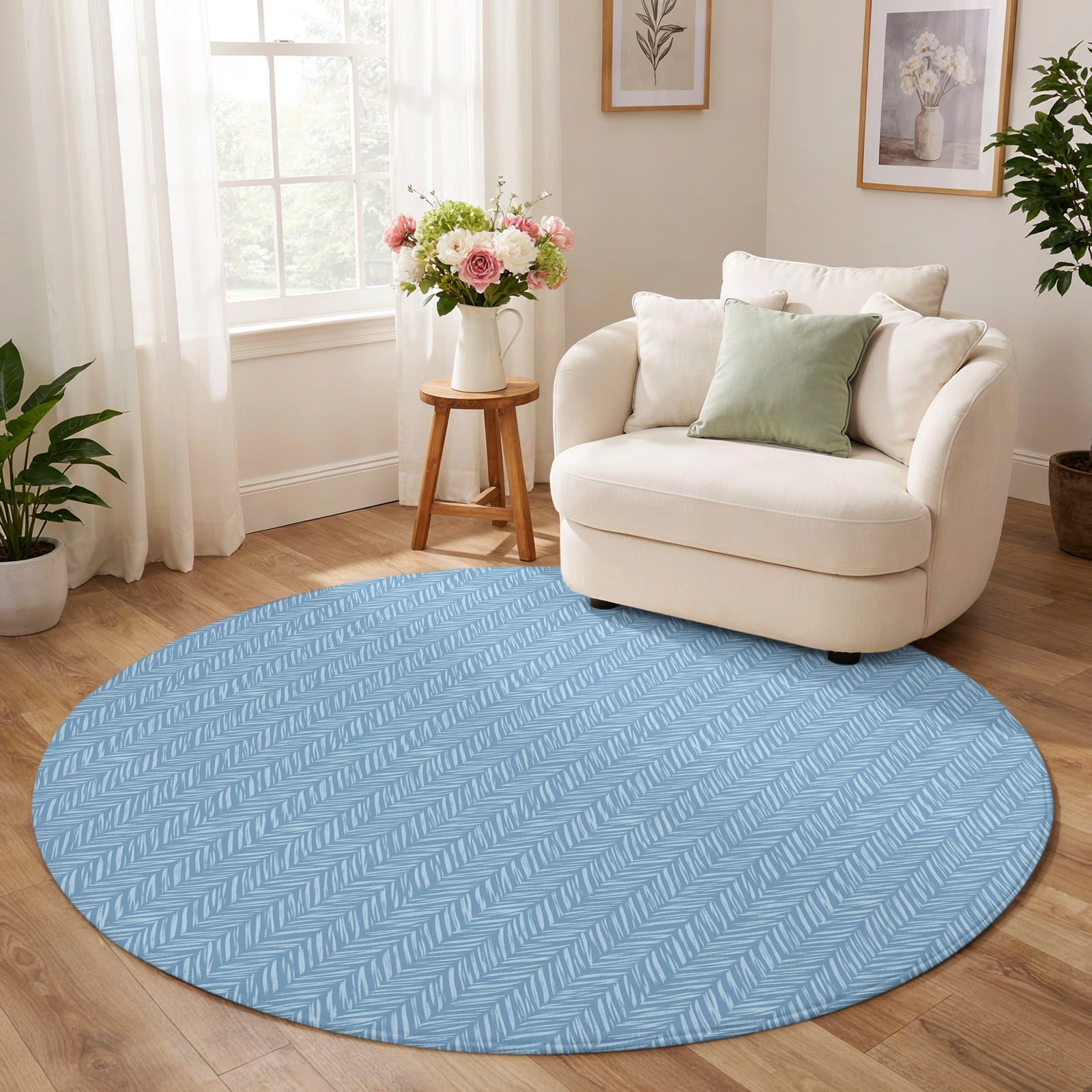 Round Rug 6ft, Blue Texture Boho Low Pile Washable Rugs for Kitchen ...