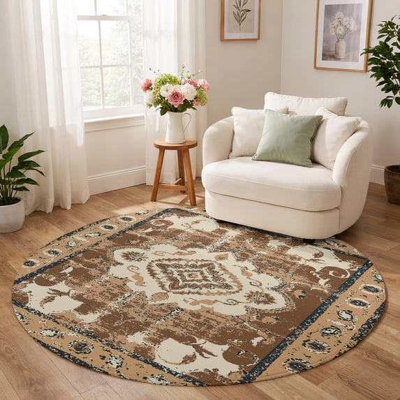 Tan Round Rug Round Rug 6ft, Brown Boho Low Pile Washable Rugs for Kitchen, Dining ...