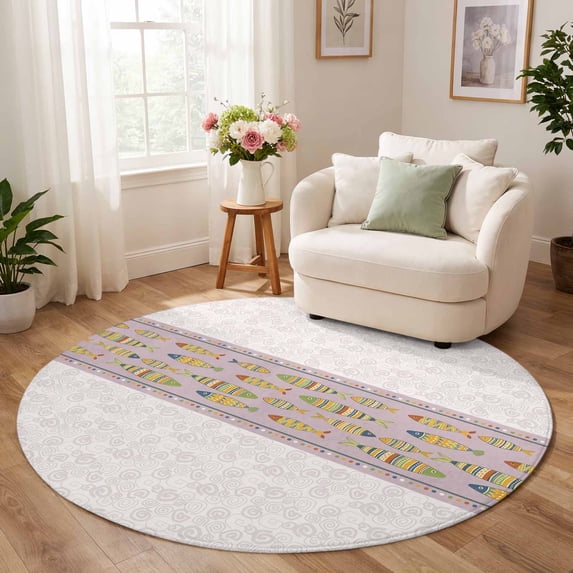 Round Rug 6ft, Farmhouse Fish Low Pile Washable Rugs for Kitchen ...