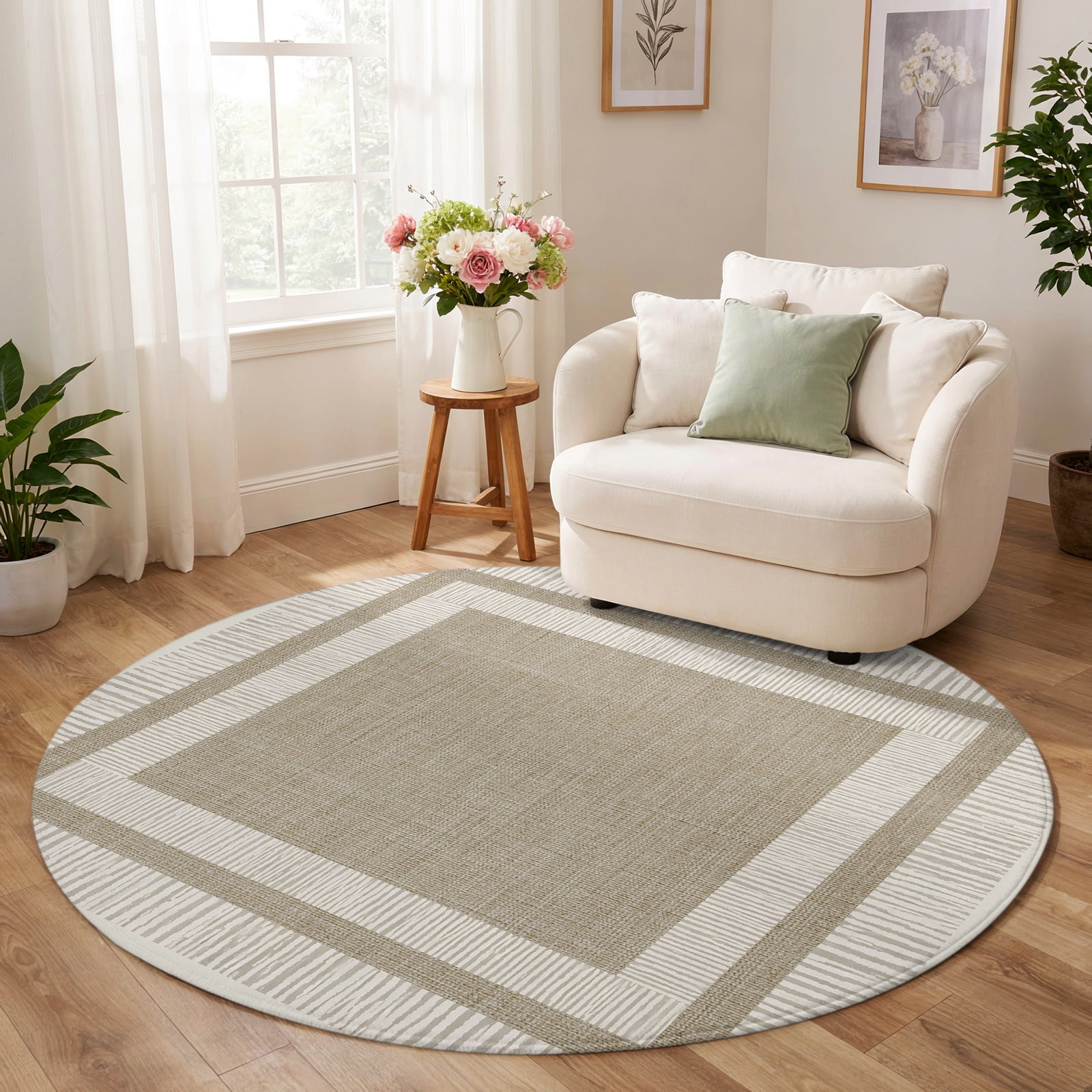 Round Rug 6ft, Farmhouse Low Pile Washable Rugs for Kitchen, Dining ...