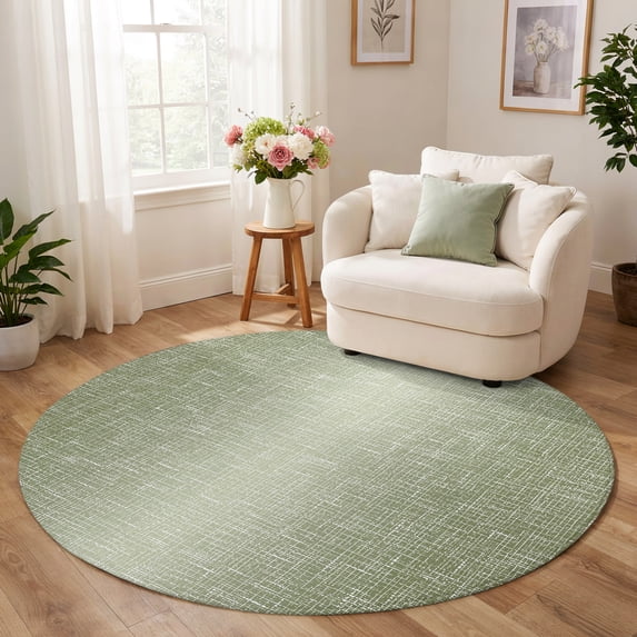 Round Rug 6ft, Green Ombre Low Pile Washable Rugs for Kitchen, Dining ...