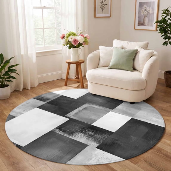 Round Rug 6ft, Grey Geometric Low Pile Washable Rugs for Kitchen ...