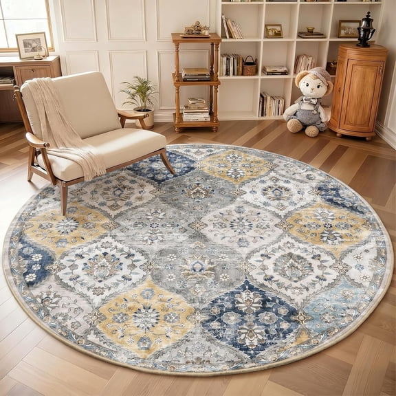 Round Rug 6ft Moroccan Trellis Washable Area Rug, Stain Resistant Non-Slip Circle Rug Vintage Distressed Round Throw Carpet for Living Room Bedroom Kids Room Playroom, Blue/Yellow
