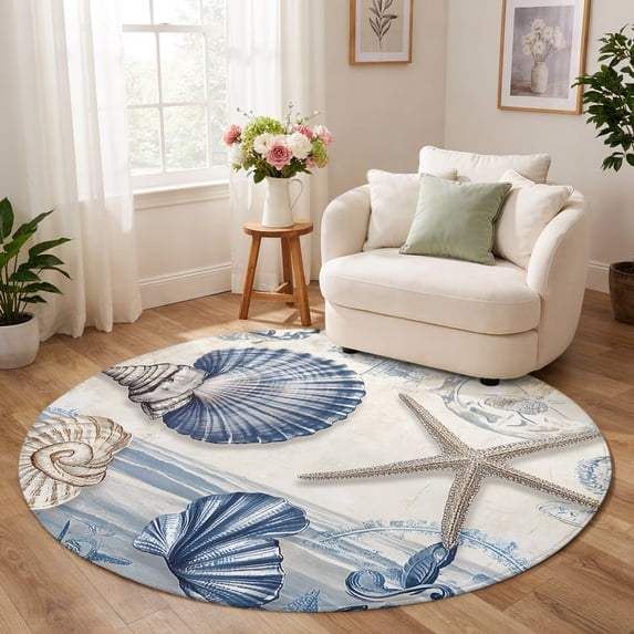 Round Rug 6ft, Navy Blue Coastal Low Pile Washable Rugs for Kitchen ...