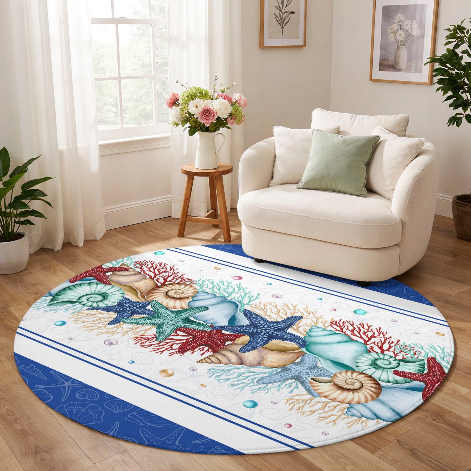 Conch Shell Fod Round Rug 6ft, Navy Starfish Summer Low Pile Washable Rugs for Kitchen ...