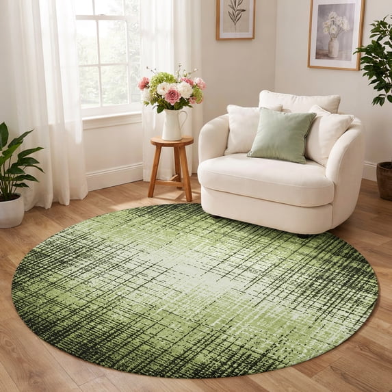 Round Rug 6ft, Olive Green Geometric Low Pile Washable Rugs for Kitchen ...