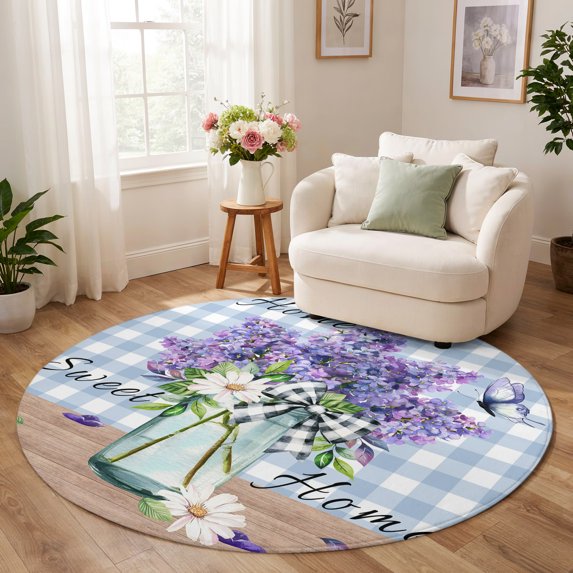 Spring Kitchen Spray Round Rug 6ft, Purple Flowers Low Pile Washable Rugs for Kitchen ...