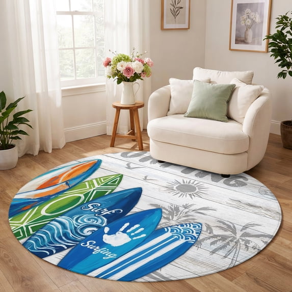 Round Rug 6ft, Rustic Beach Low Pile Washable Rugs for Kitchen, Dining ...